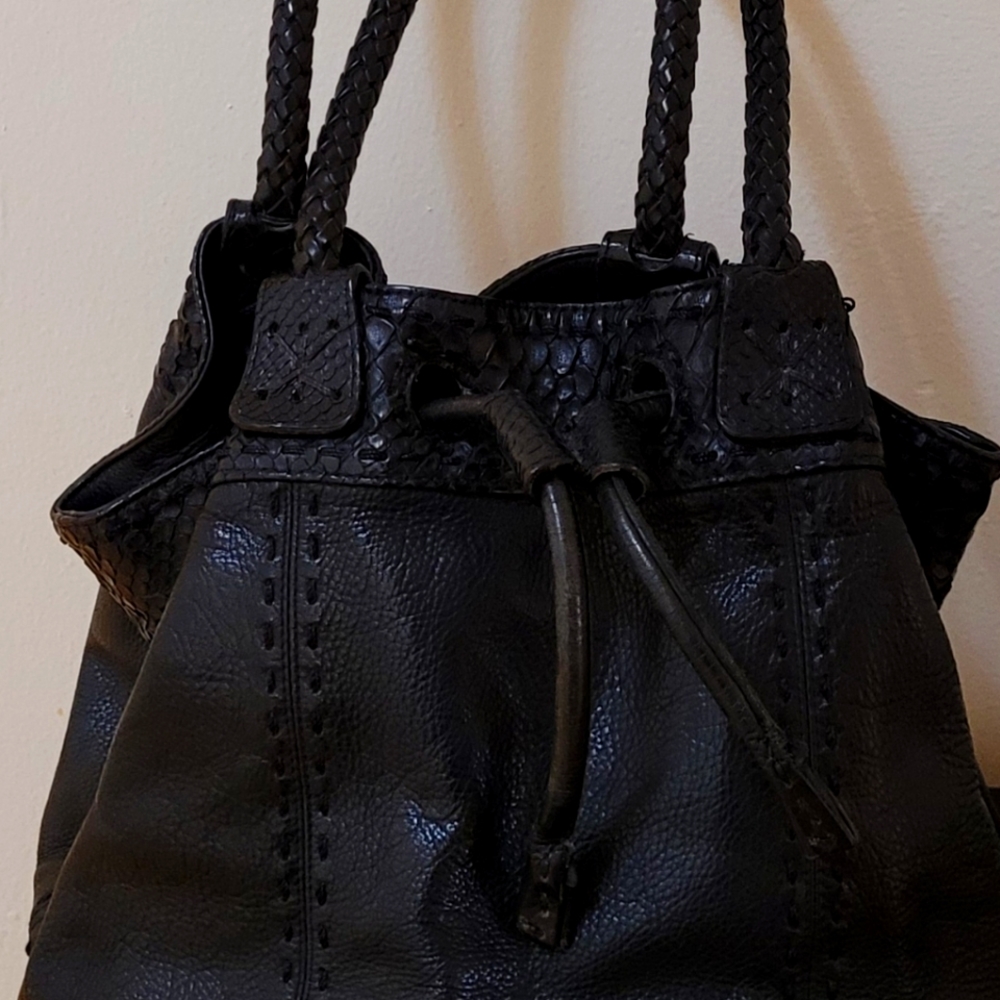 Carlos Falchi Futti a Mano Black Leather Hobo with Snakeskin Trim